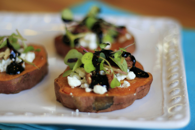 Gluten Free Sweet Potato Medallions with Goat Cheese and Balsalmic Glaze