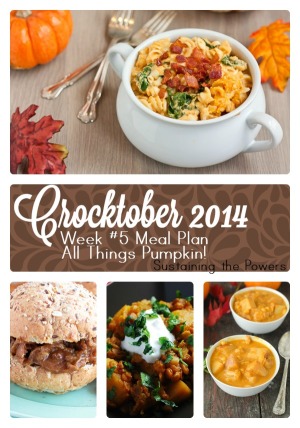 Crocktober Week 5 featuring Slow Cooker Pumpkin Spinach Mac and Cheese, Pumpkin Maple Pulled Pork, Pumpkin Lentil Stew, and Spicy Pumpkin Chicken Corn Chowder. You'll never guess this mac and cheese contains pumpkin. It's all sorts of creamy, cheesey goodness, and the best part is you just dump it all into your slow cooker and walk away!