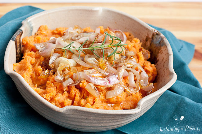 Vegan Mashed Sweet Potatoes with Caramelized Shallots 