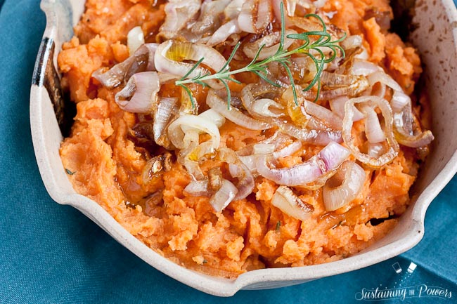 Vegan Mashed Sweet Potatoes with Caramelized Shallots 