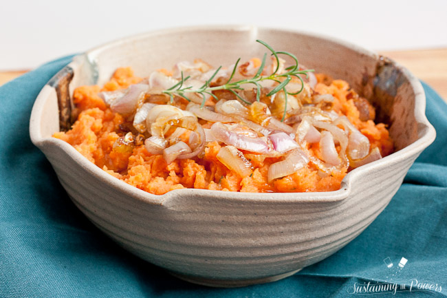 Vegan Mashed Sweet Potatoes with Caramelized Shallots 