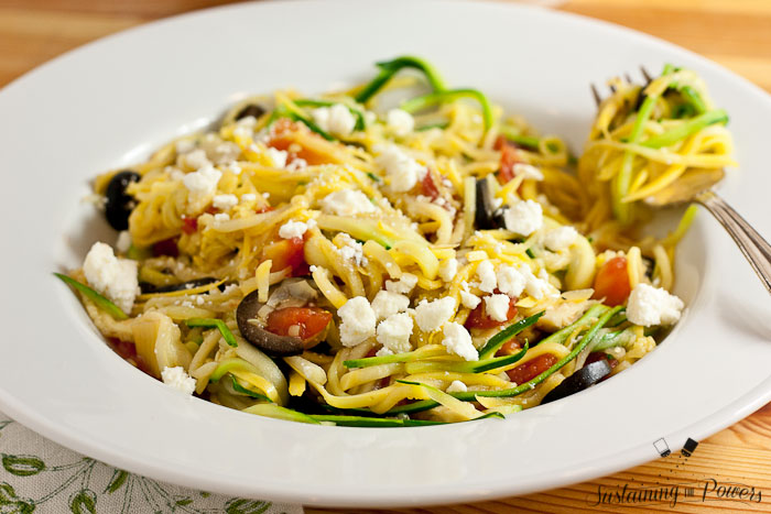 A quick, healthy dinner recipe. Greek Zucchini Noodles (Zoodles) with Feta, Olives, Artichokes and Tomatoes.