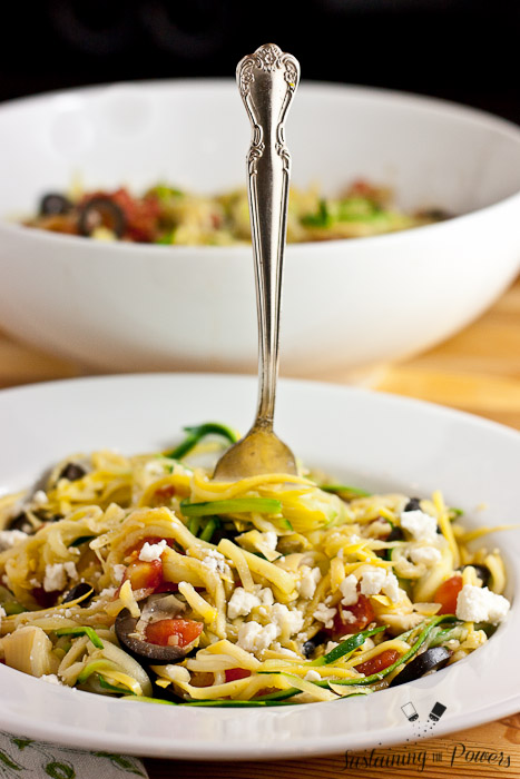 A quick, healthy dinner recipe. Greek Zucchini Noodles (Zoodles) with Feta, Olives, Artichokes and Tomatoes.
