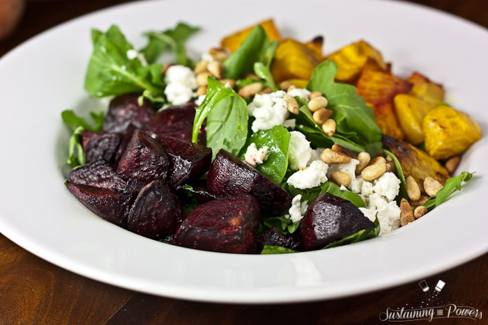 Roasted Beet Salad with Goat Cheese and Beet Basil Pesto Vinaigrette