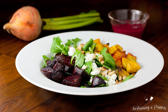 Roasted Beet Salad with Goat Cheese and Beet Basil Pesto Vinaigrette
