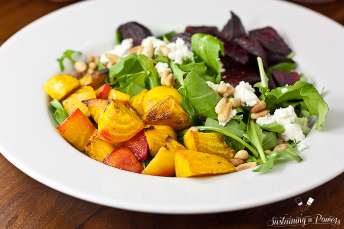 Roasted Beet Salad with Goat Cheese and Beet Basil Pesto Vinaigrette