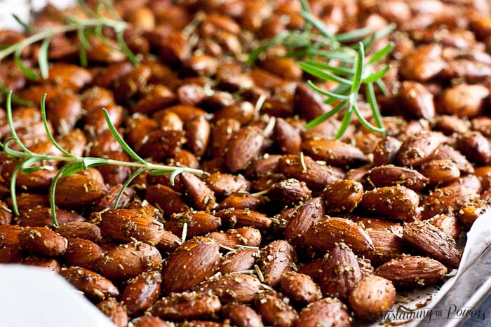 Rosemary Sea Salt Roasted Almonds are a great salty, smoky and slightly sweet snack recipe for your next lunchbox or party.