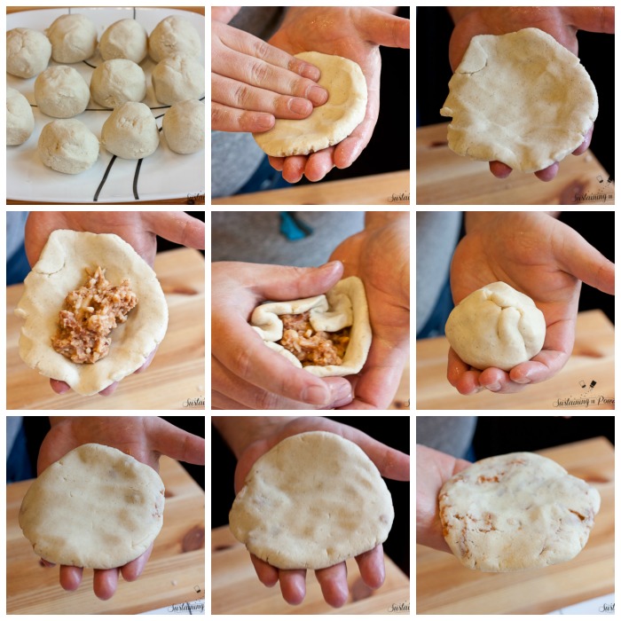 A series of images showing how to make and fill bean and cheese pupusas.