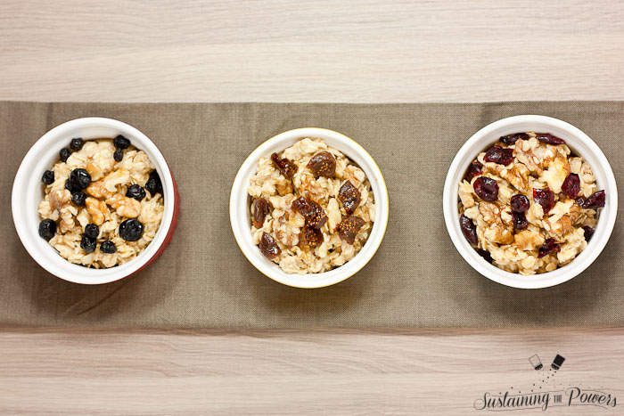 Three ramekins of oatmeal in a row.