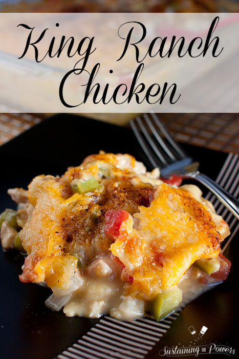 King Ranch Chicken - a creamy, cheesy, layered chicken enchilada casserole. This always disappears first at potlucks!