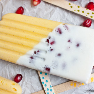 These popsicles taste like a pomegranate pina colada and a mango lassi had a baby and stuck it in the freezer. Yum!