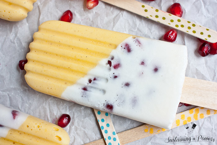 These popsicles taste like a pomegranate pina colada and a mango lassi had a baby and stuck it in the freezer. Yum!