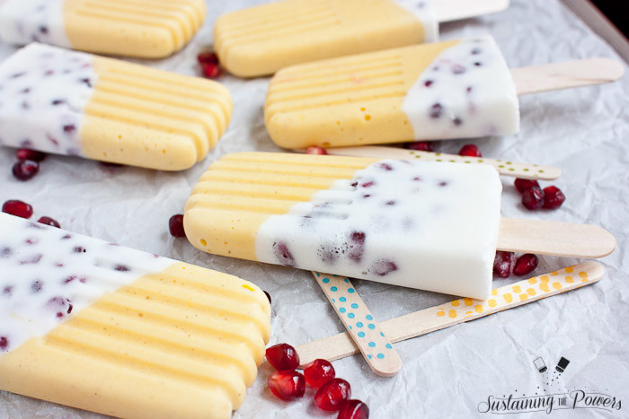 These popsicles taste like a pomegranate pina colada and a mango lassi had a baby and stuck it in the freezer. Yum!