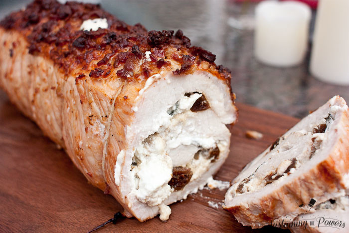 Bacon Marinated Pork Loin Stuffed with Fig Sage and Goat Cheese - This is one of my favorite recipes for entertaining because it looks super fancy, but doesn't take much effort! 