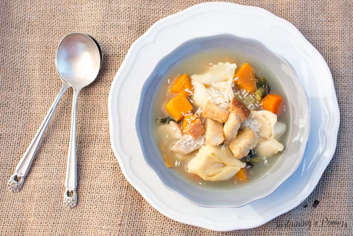 This is the best soup! Throw any veggies you like in your slow cooker with some broth, cook all day, then add tortellini and eat it up. 