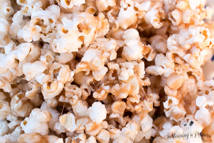 This popcorn is coated in a toffee that's made in the microwave! You don't need a candy thermometer or any extra baking! Such a hit at our party.