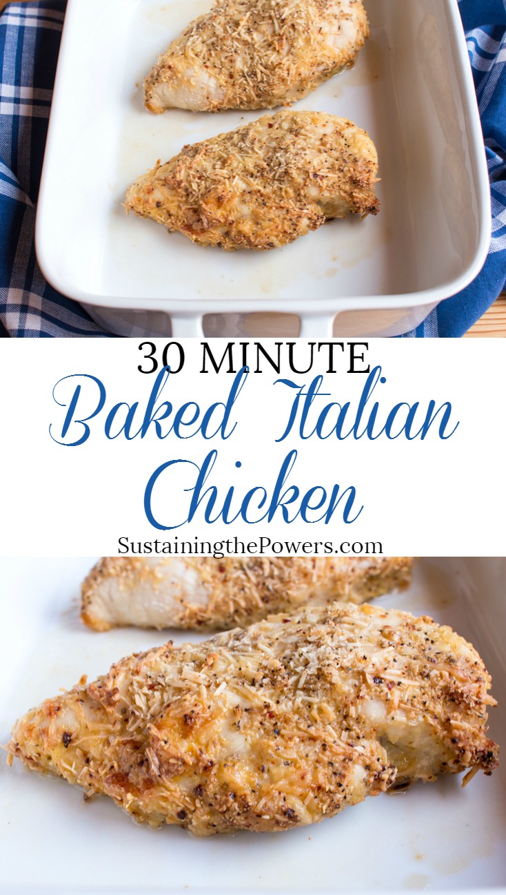 30 Minute Baked Italian Chicken - chicken, italian dressing mix, garlic powder, parmesan cheese, flour, and an egg are all you need! Our favorite weeknight meal.