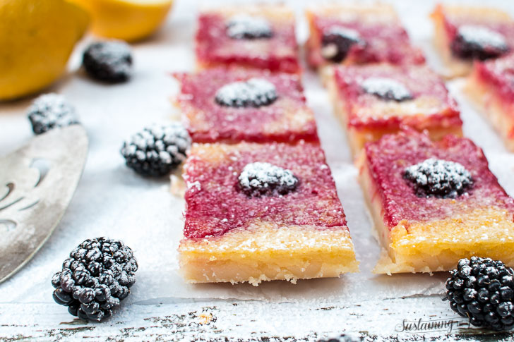 How to Make Blackberry Lemon Bars | Lemon bars are one of our favorite treats. I love the mixture of sweet and tart and a super thick shortbread crust. These have the added deliciousness of fresh blackberries that puts them totally over the top! Click through now to get the recipe! 