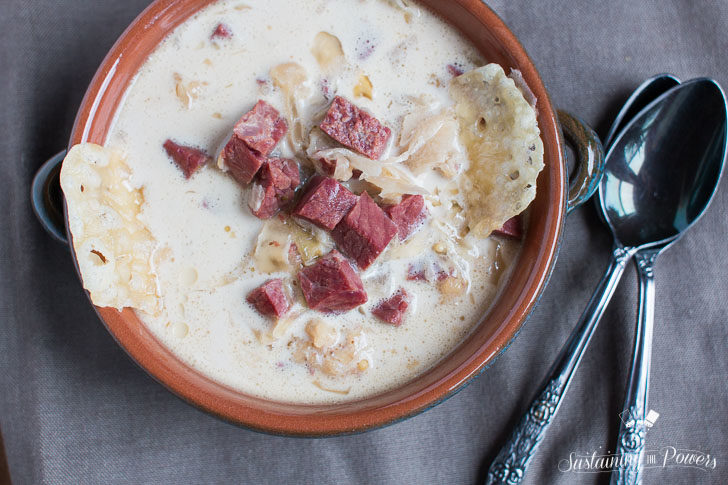 How to Make Keto Slow Cooker Reuben Soup | This soup has all your favorite salty and tangy flavors from a reuben sandwich without all the carbs! Perfect for low-carb and gluten-free diets. 343 Calories, 22.8g Protein, 1.3g net carbs and 25.6g Fat per serving. Click through to get the simple recipe!