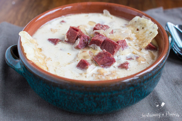 How to Make Keto Slow Cooker Reuben Soup | This soup has all your favorite salty and tangy flavors from a reuben sandwich without all the carbs! Perfect for low-carb and gluten-free diets. 343 Calories, 22.8g Protein, 1.3g net carbs and 25.6g Fat per serving. Click through to get the simple recipe!