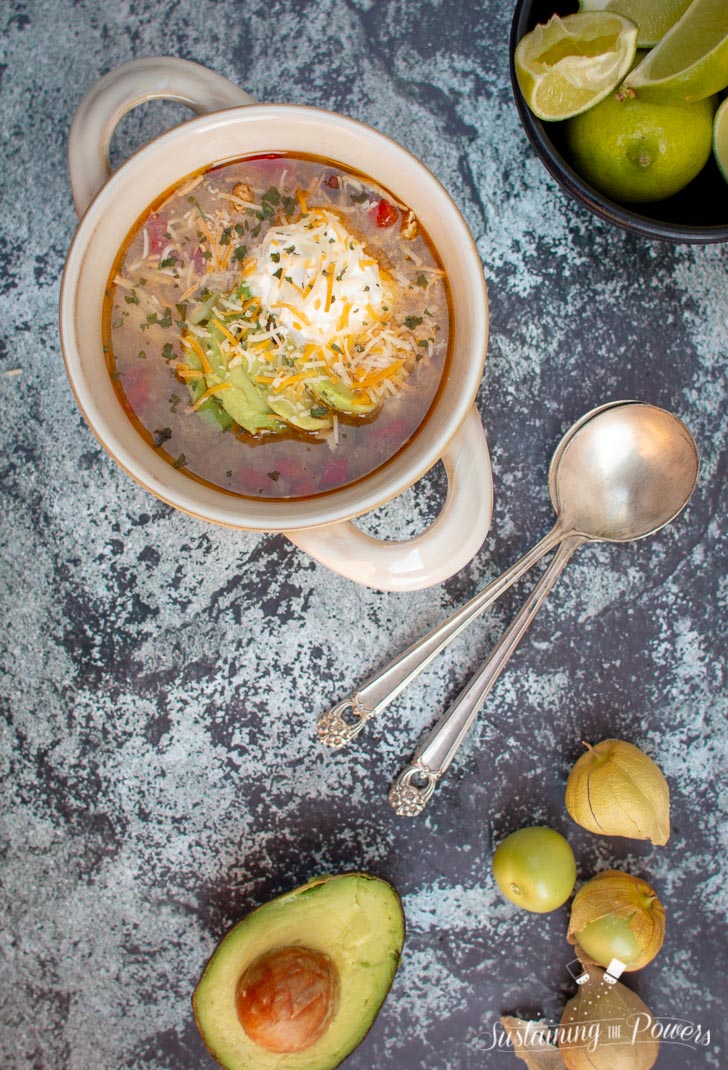 A bowl of tomatillo soup with some spoons, a bowl of limes, some tomatillos, and half an avocado