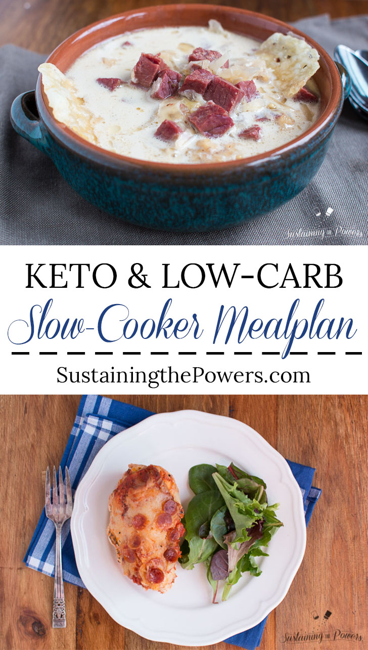 A photo of reuben soup, a photo of pizza-stuffed chicken, and the text "Keto and low-carb slow-cooker mealplan"