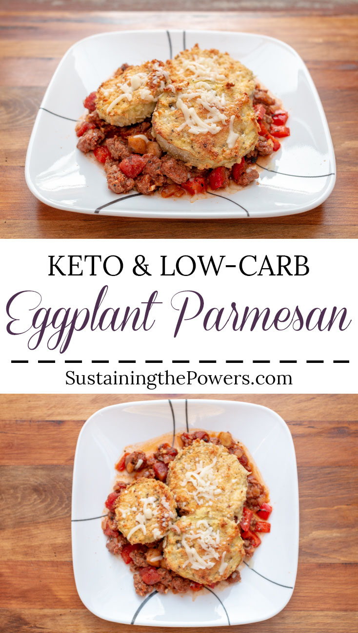 A tall pinterest graphic with two photos of plates with low-carb eggplant parmesan over meat sauce