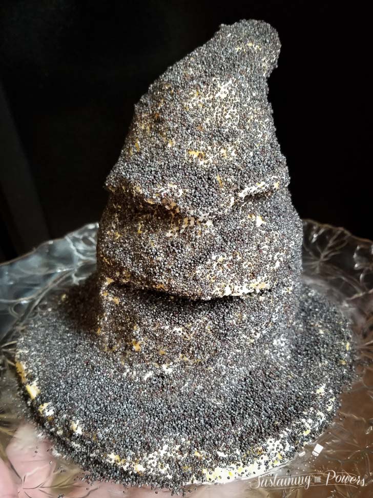 A cheese ball shaped like the sorting hat from Harry Potter, covered in poppy seeds and surrounded by crackers