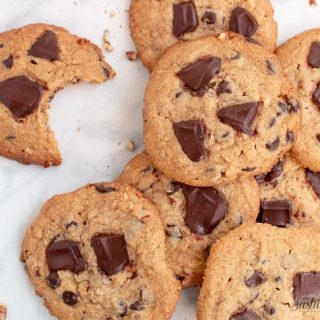 A pile of chocolate chip cookies.