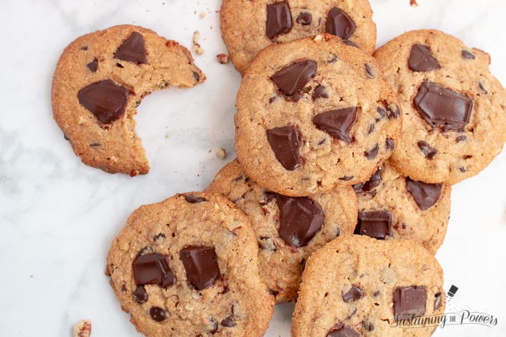 A pile of chocolate chip cookies.