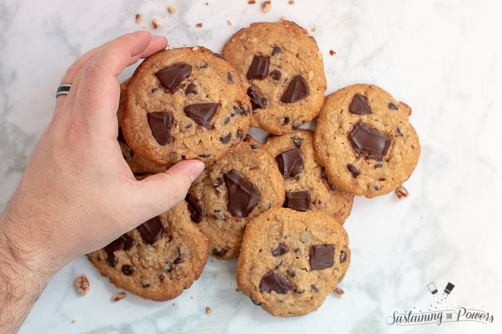 A pile of chocolate chip cookies