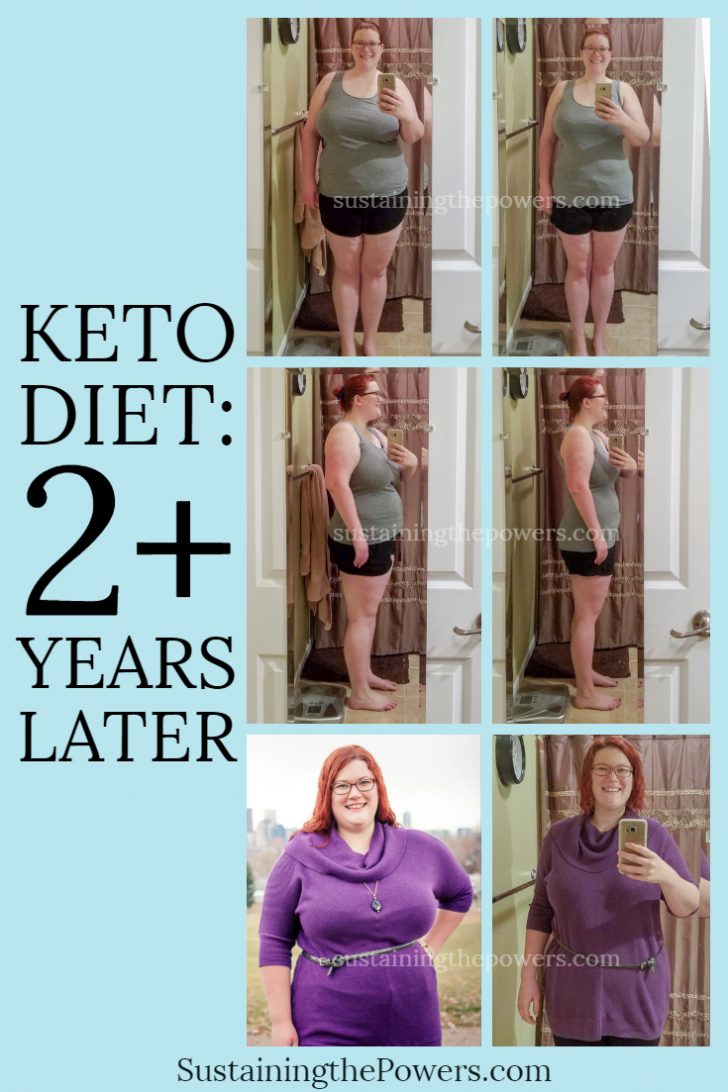 Three before and after weight loss photos of a female with the title "Keto Diet 2+ Years Later"