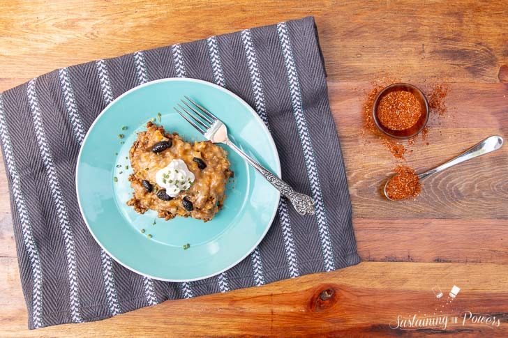 A plate on a table with a serving of low-carb taco bake casserole.