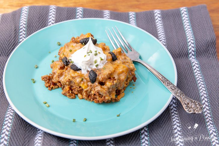 A plate with a serving of low carb taco bake casserole.