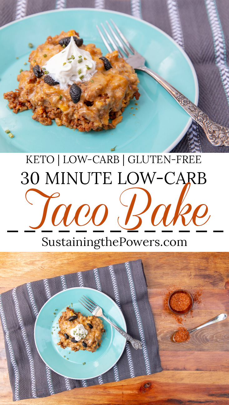 A Pinterest graphic for the low-carb taco bake casserole. 